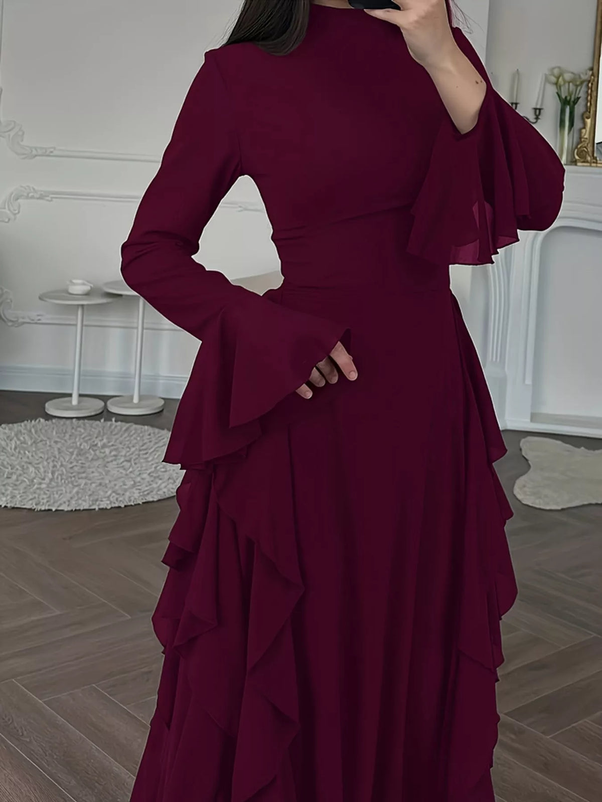 Mock neck long sleeve maxi dress, construction and design details