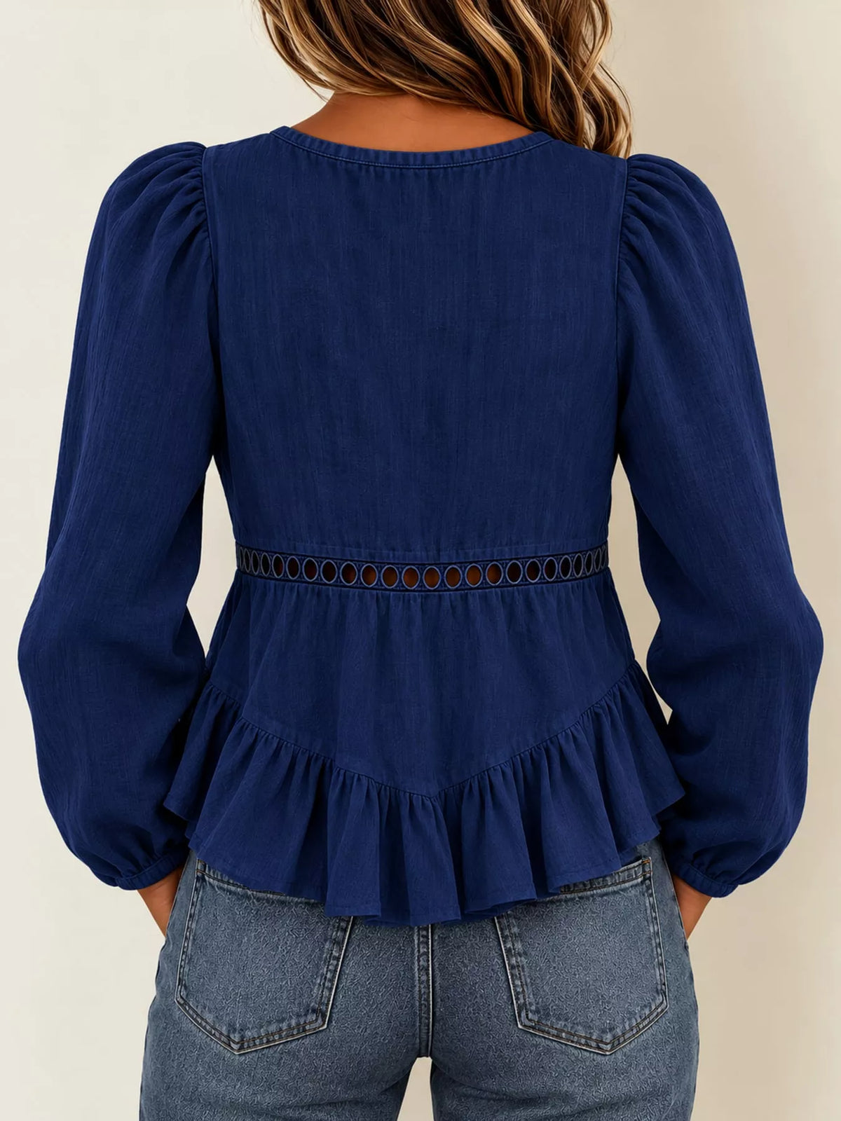 Women's Long Sleeve Blouse with Eyelet Lace Trim and Ruffled Hem in navy — back view