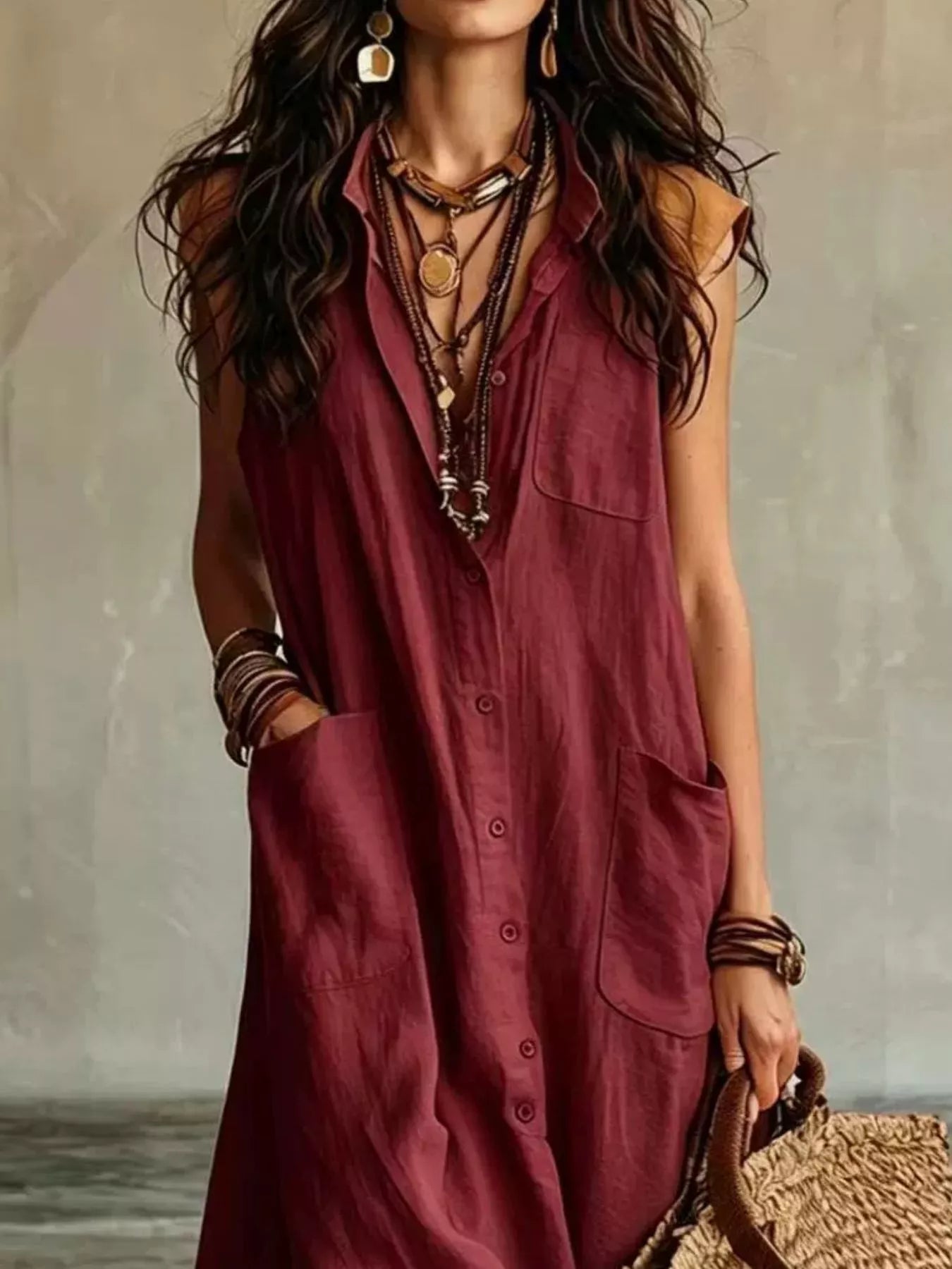 Trendsi Sleeveless Button-Down Linen Maxi Dress -