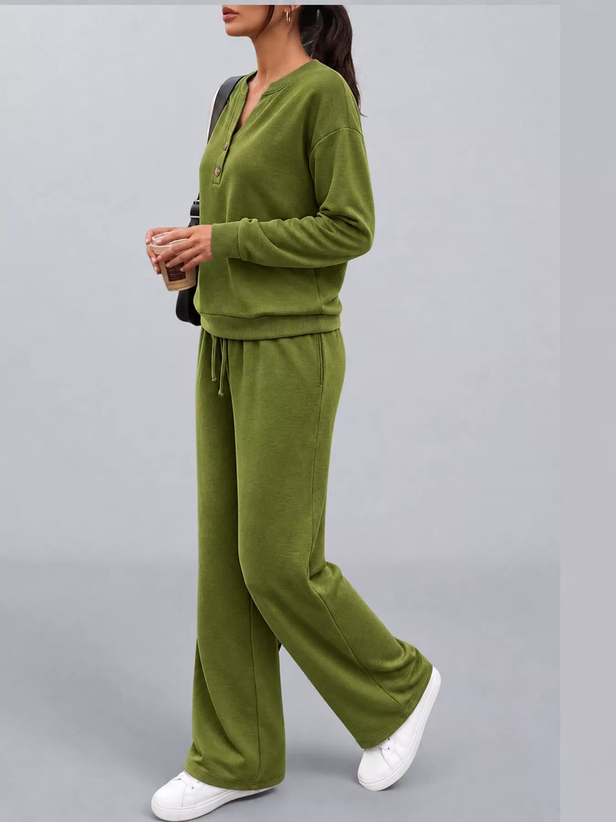 Green button detail top and wide-leg pants set — side view