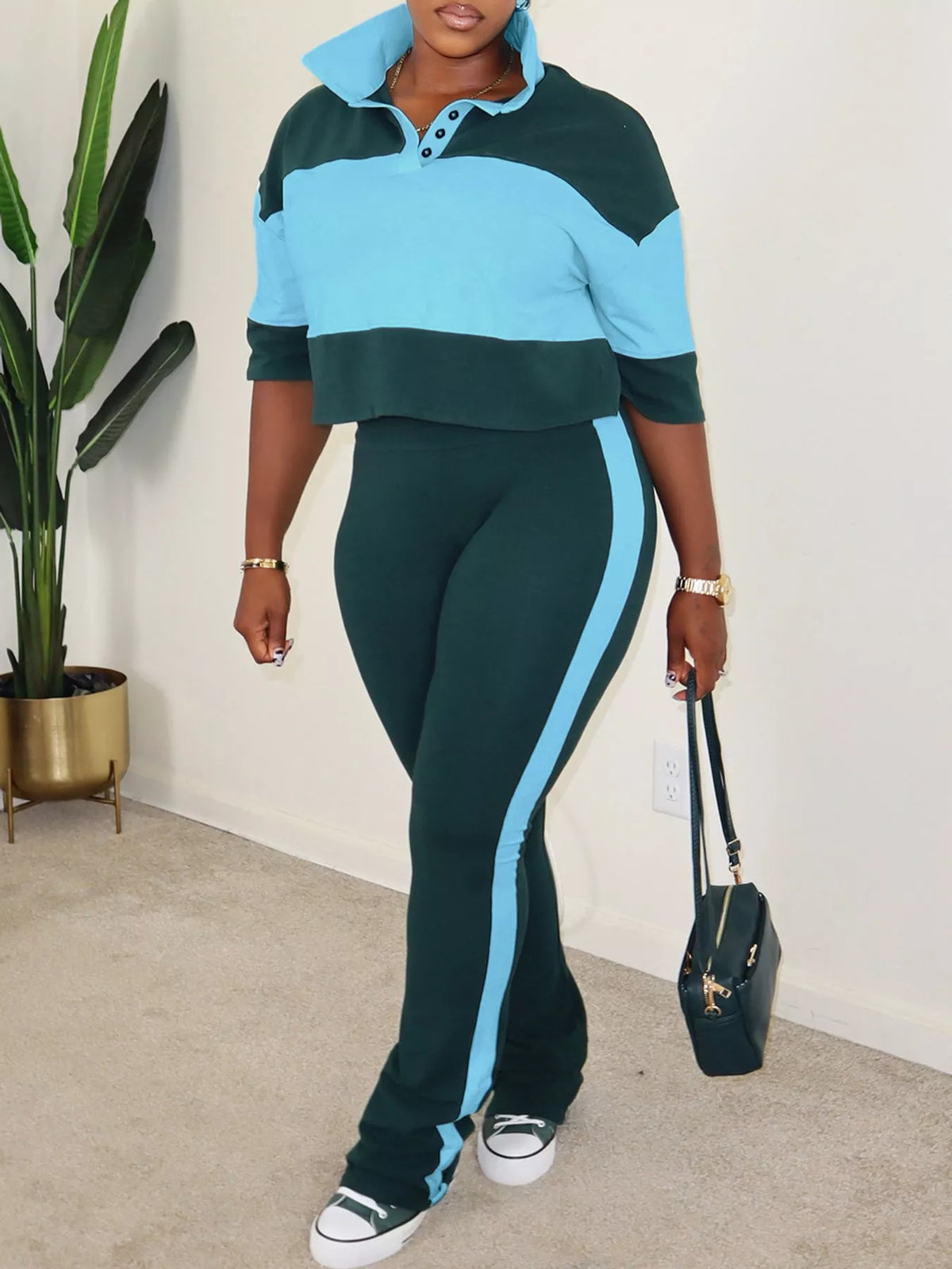 Color-Block Polo Collar Crop Top and Pants Two-Piece Set in green and light blue