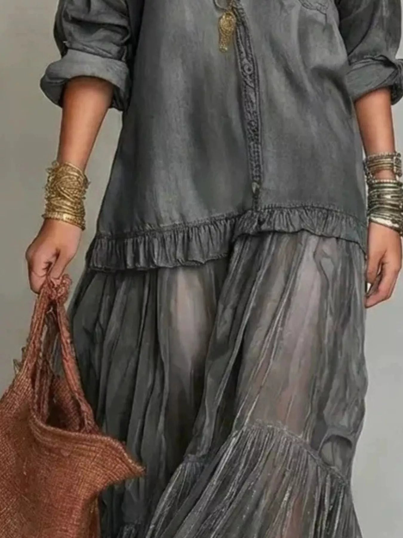 Trendsi Full Size Tiered Long Sleeve Denim Shirt Maxi Dress Plus Size -