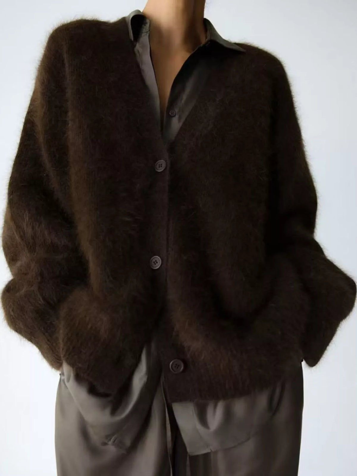 Brown fuzzy v-neck button-down cardigan