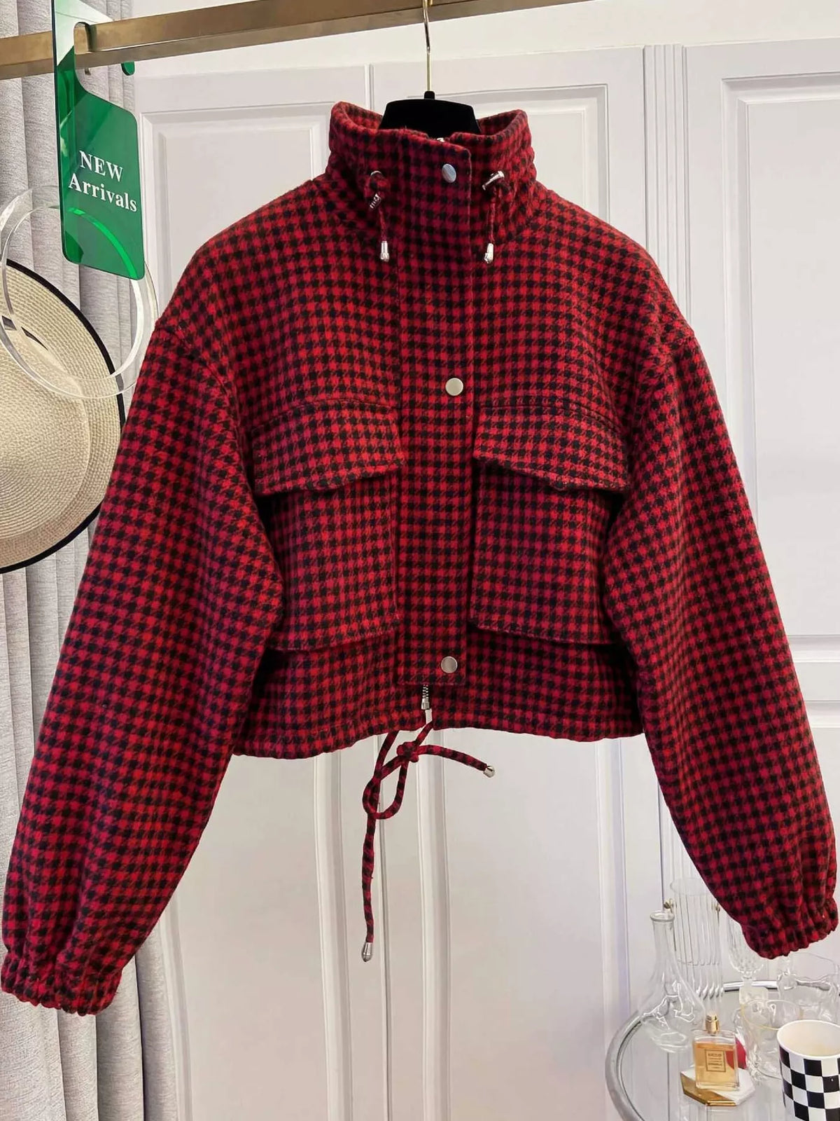 Red plaid cropped zip-up jacket