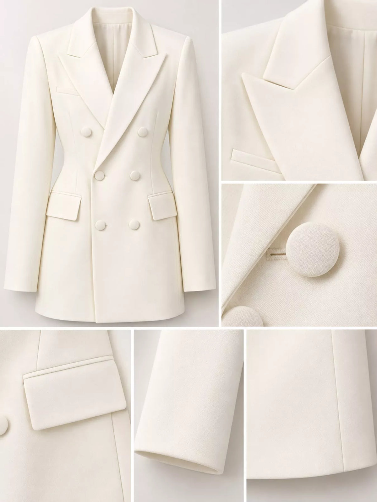 Double-breasted blazer, ivory detail collage