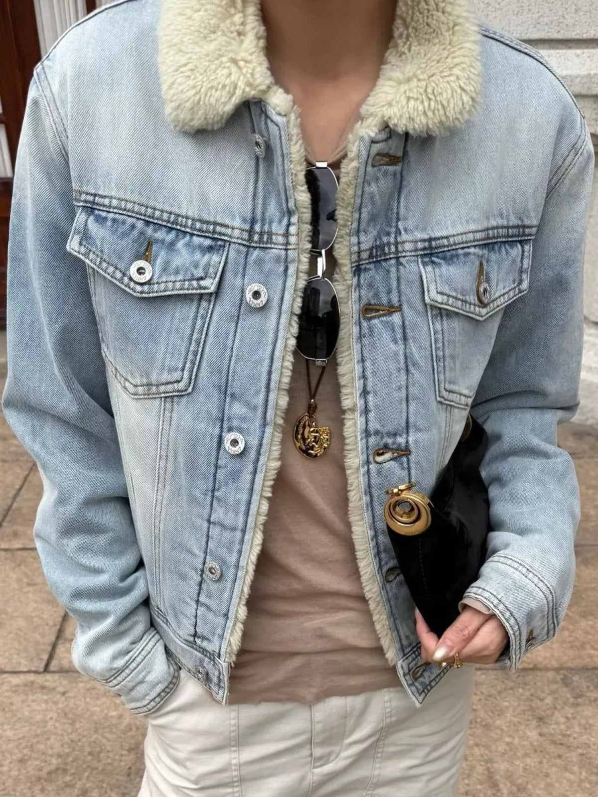 Women's Sherpa-Lined Denim Jacket in light blue — front view