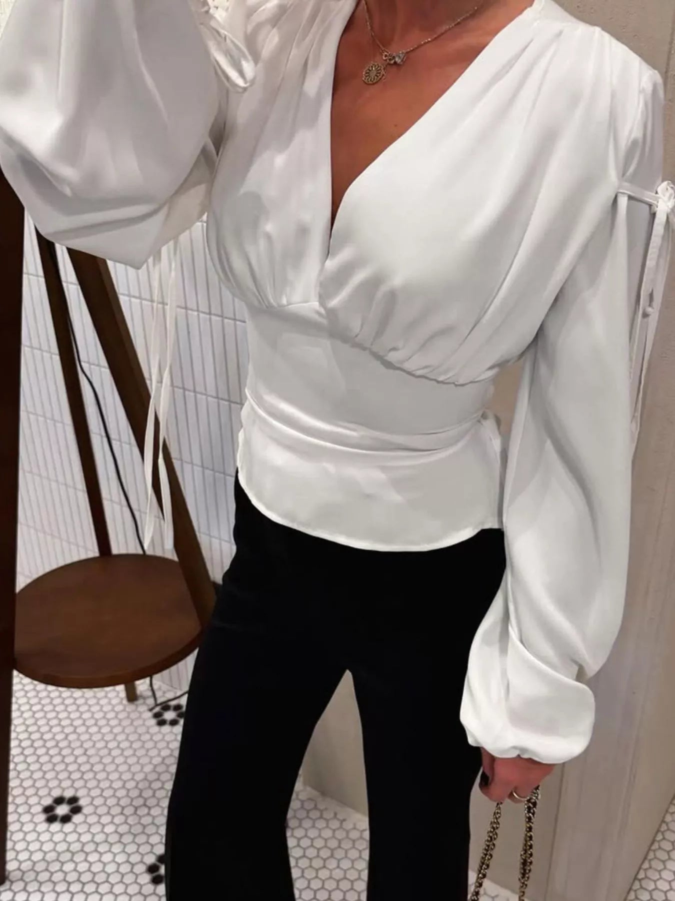 Trendsi Tied V-Neck Balloon Sleeve Blouse -