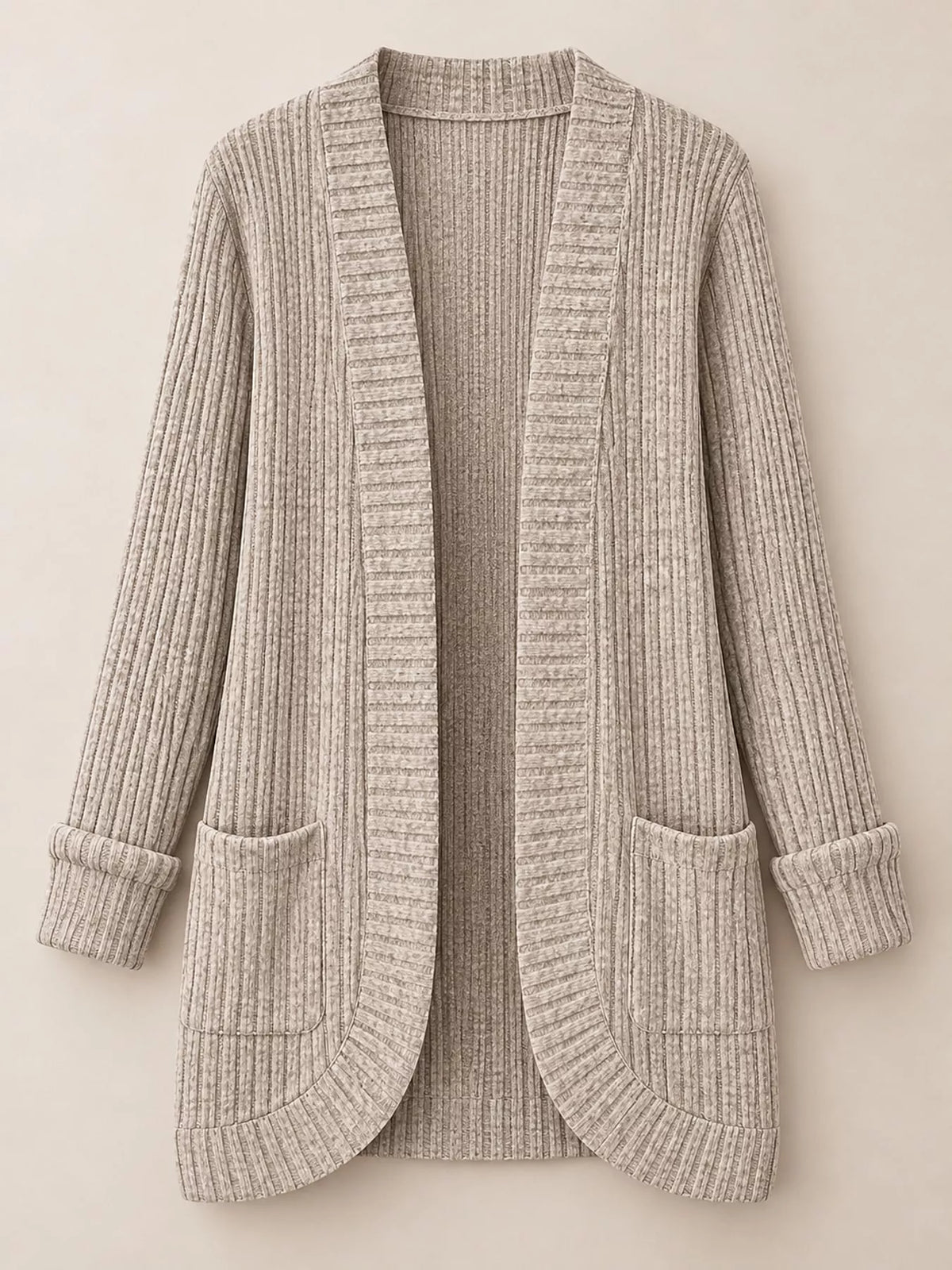 Khaki ribbed open-front longline cardigan