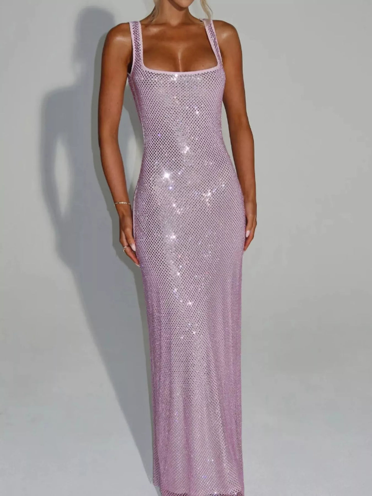 Square neck sleeveless maxi dress, front view on model