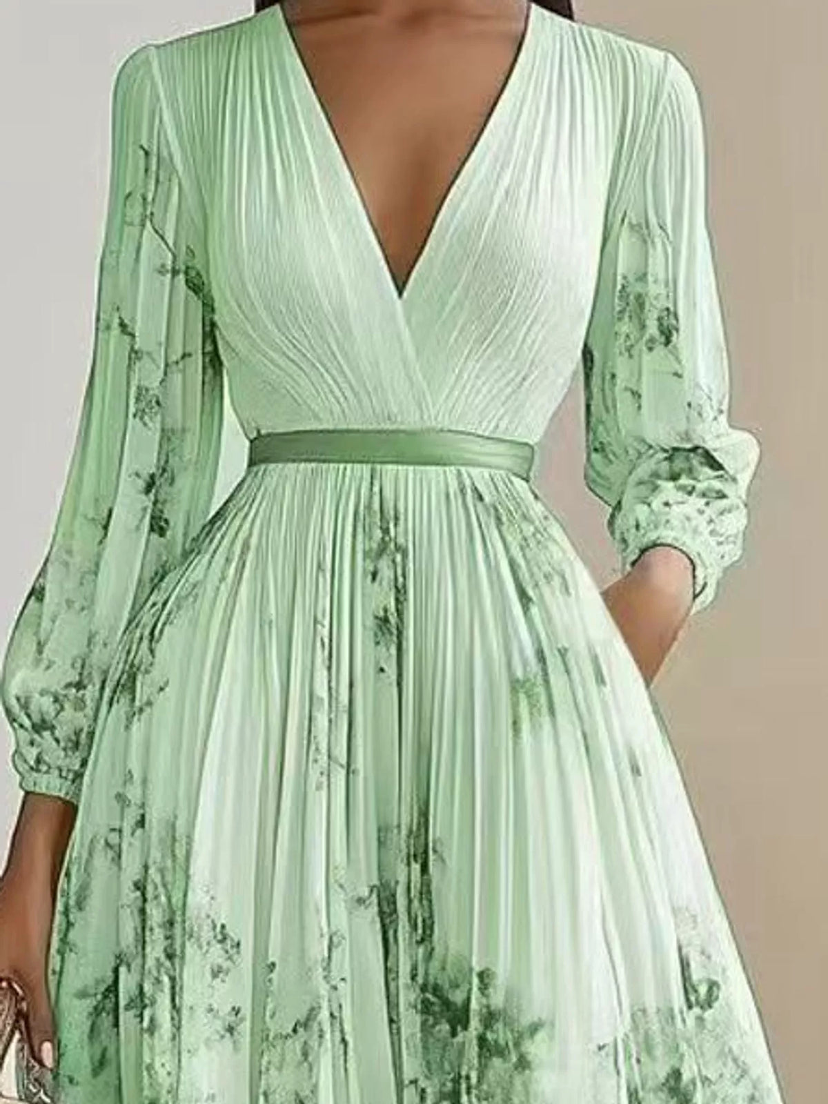 V-neck long sleeve maxi dress, construction and design details