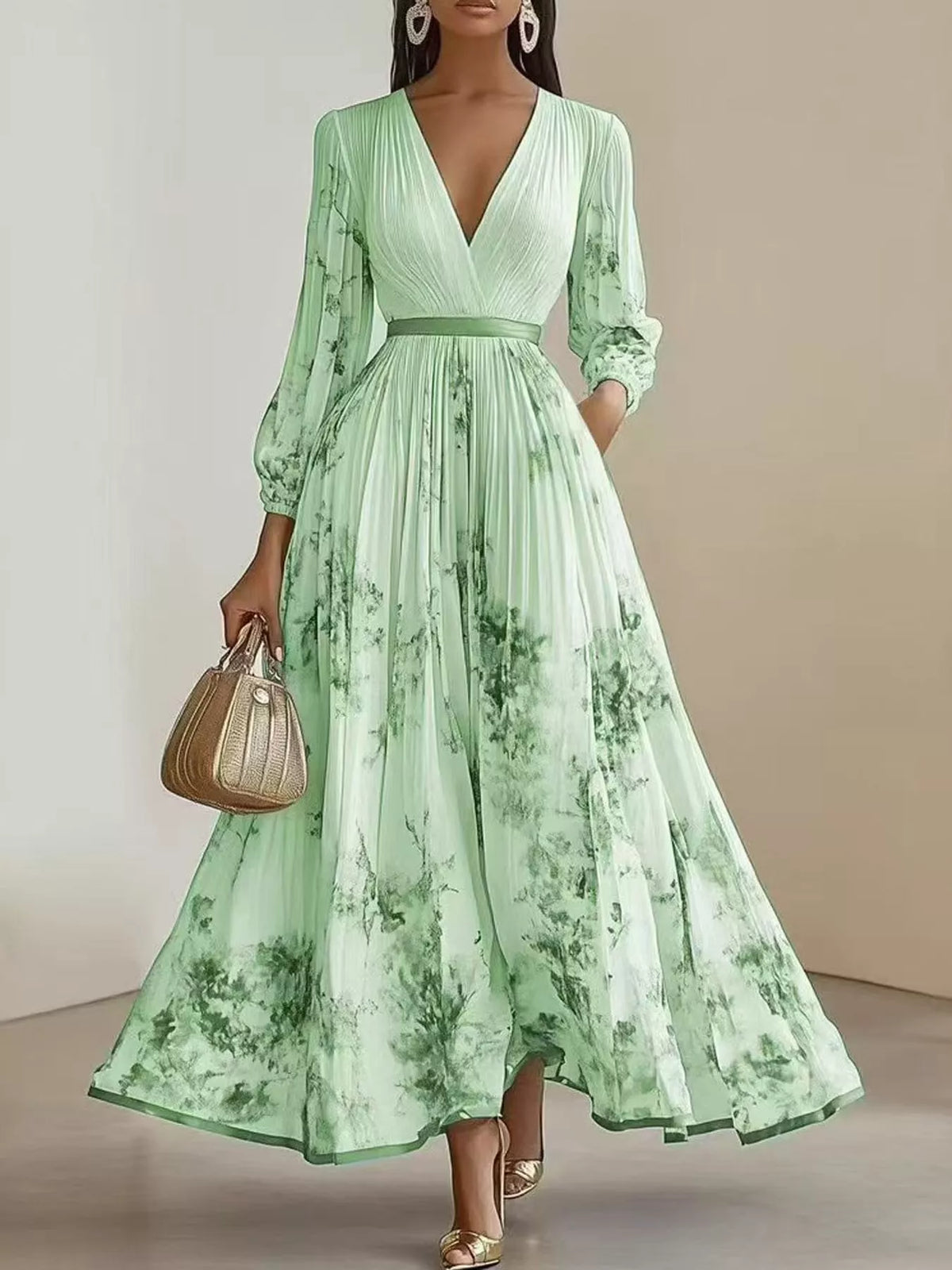 V-neck long sleeve maxi dress, front view on model