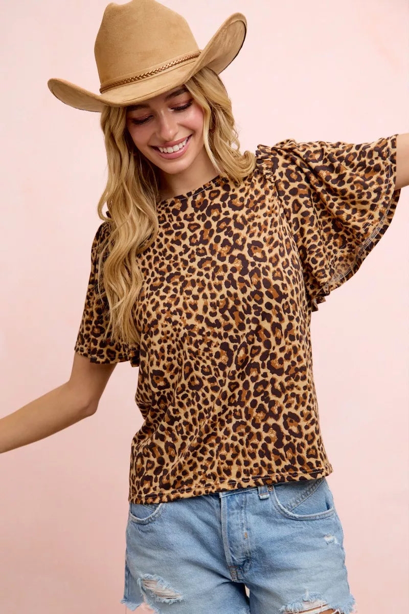 Women's Leopard Print Ruffle Sleeve Relaxed Fit Top — product view 8