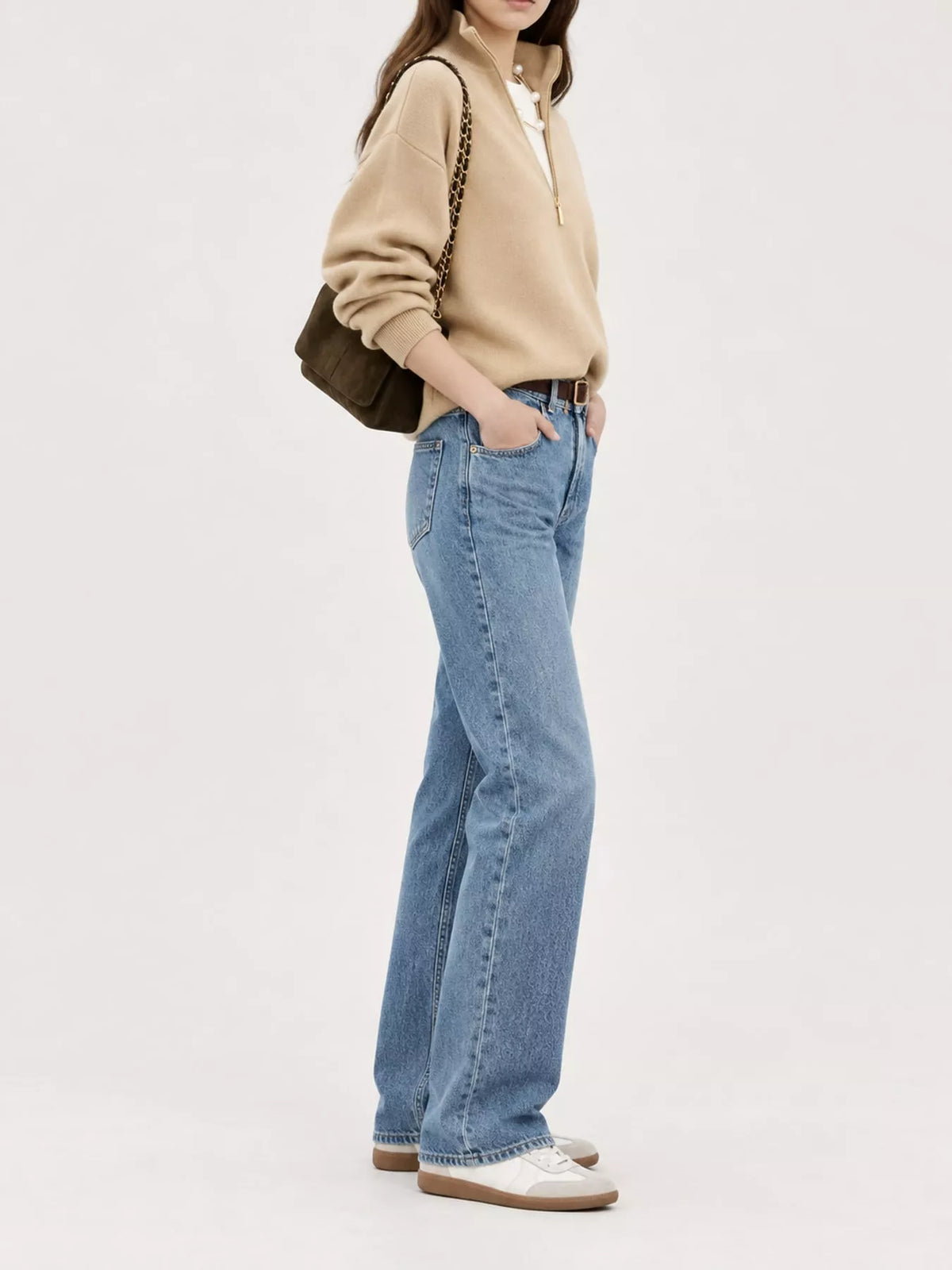 Women's Half-Zip Dropped Shoulder Sweater in beige — side view