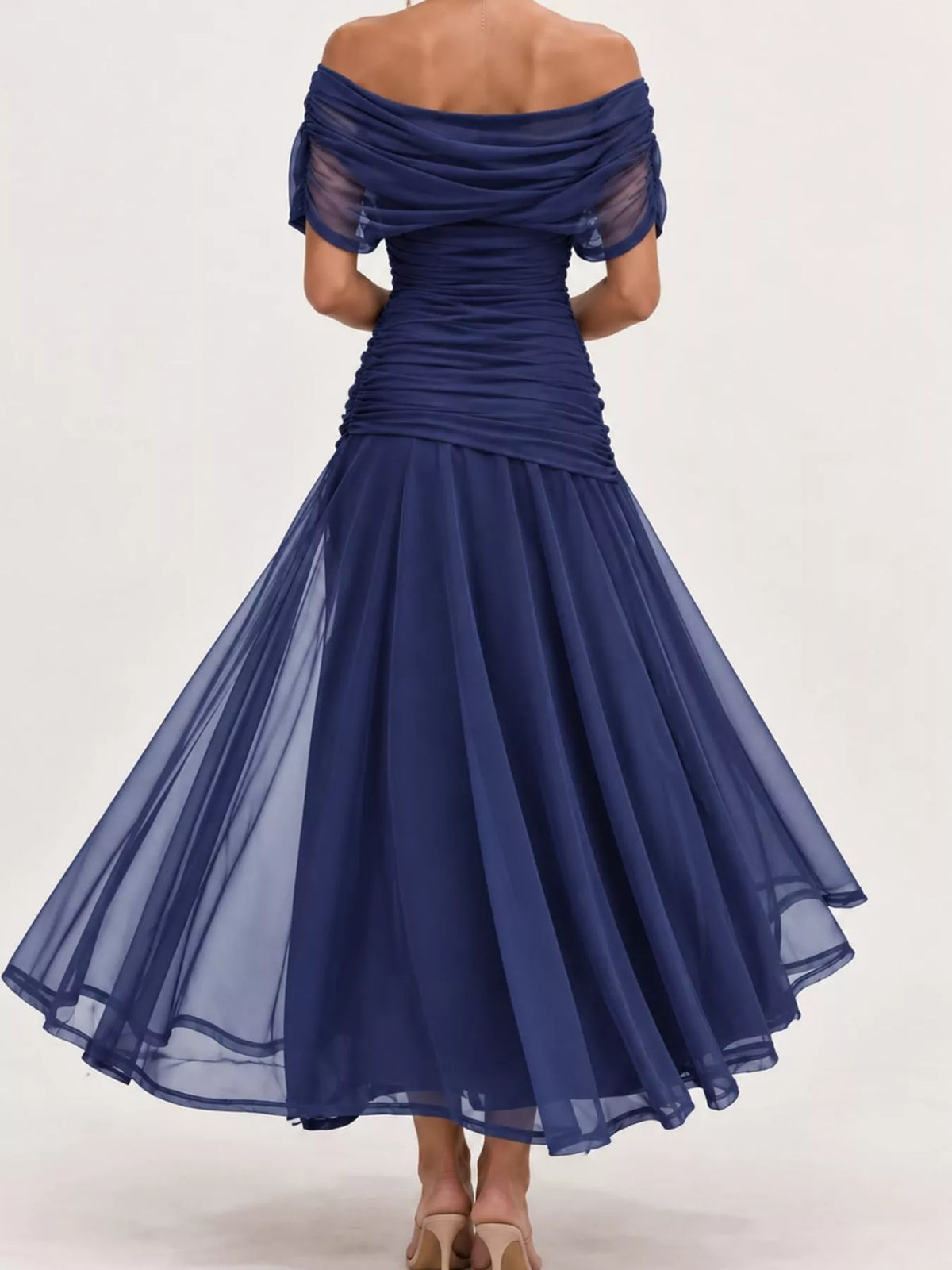 Navy off shoulder ruched tulle evening dress, back view