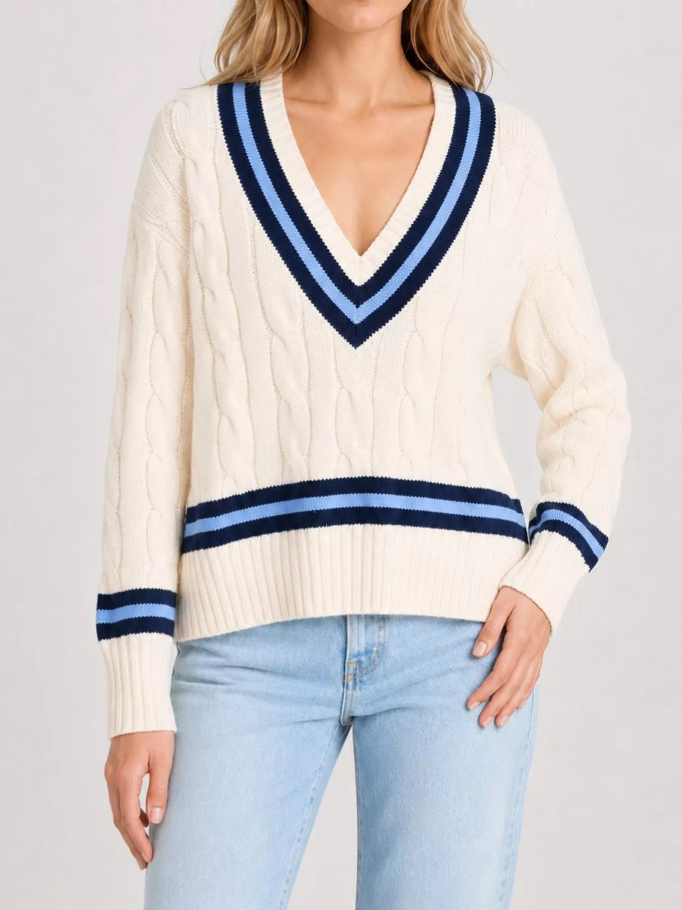 Trendsi V-Neck Cable Knit Sweater with Contrast Striped Trim -
