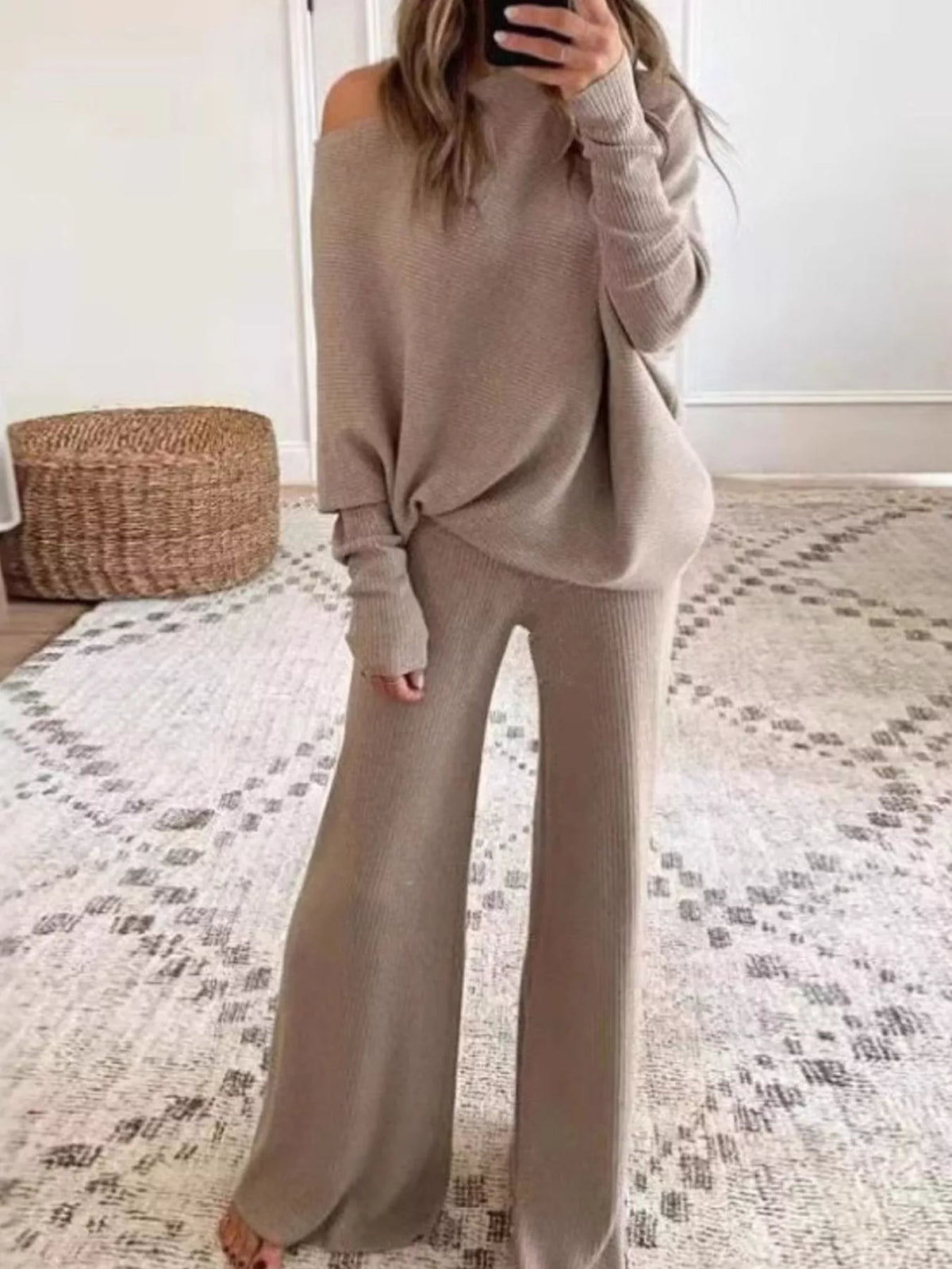 Asymmetric neck long sleeve outfit set, front view on model