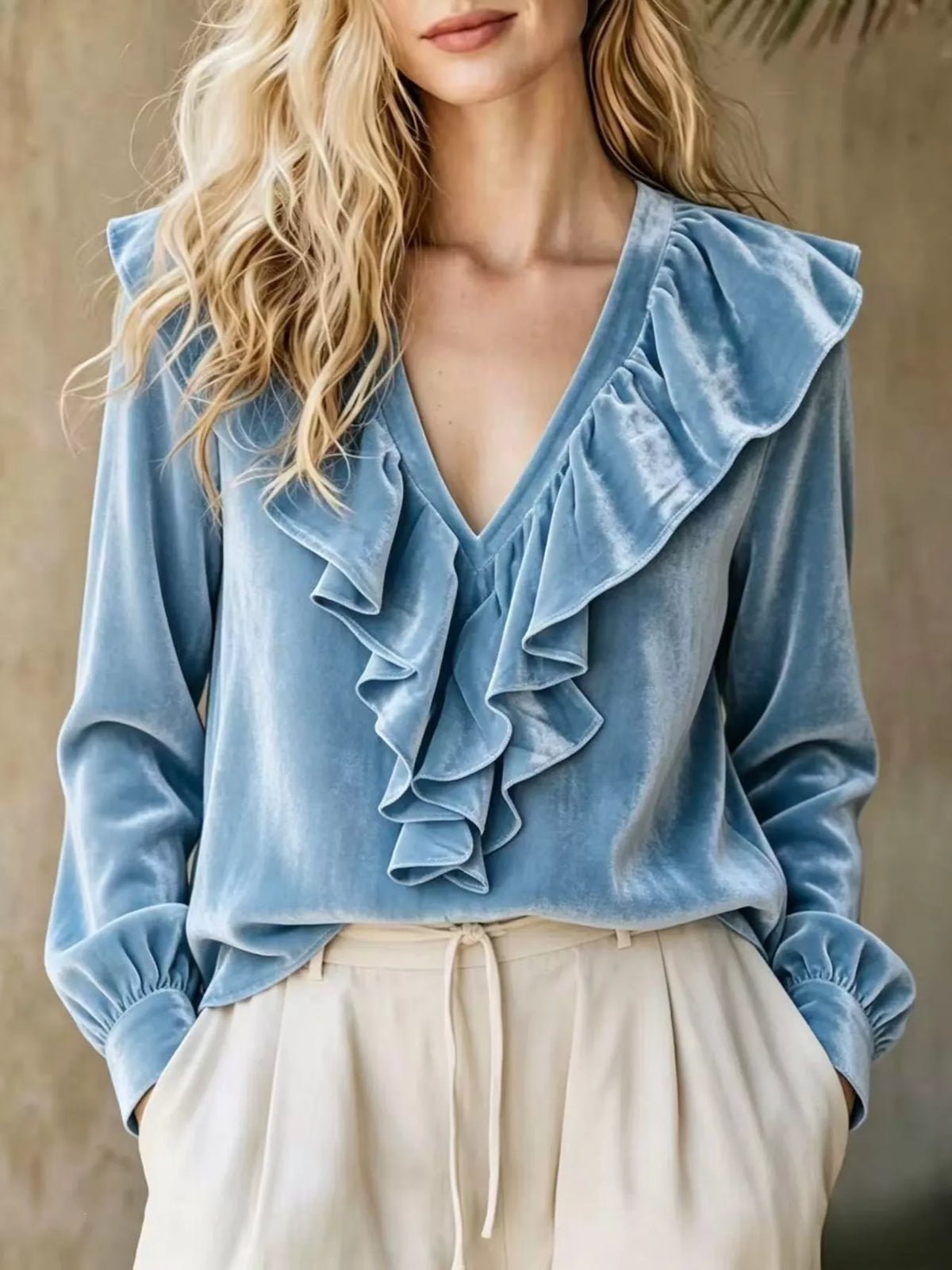 Cerulean Velvet Ruffled V-Neck Long Sleeve Blouse front view