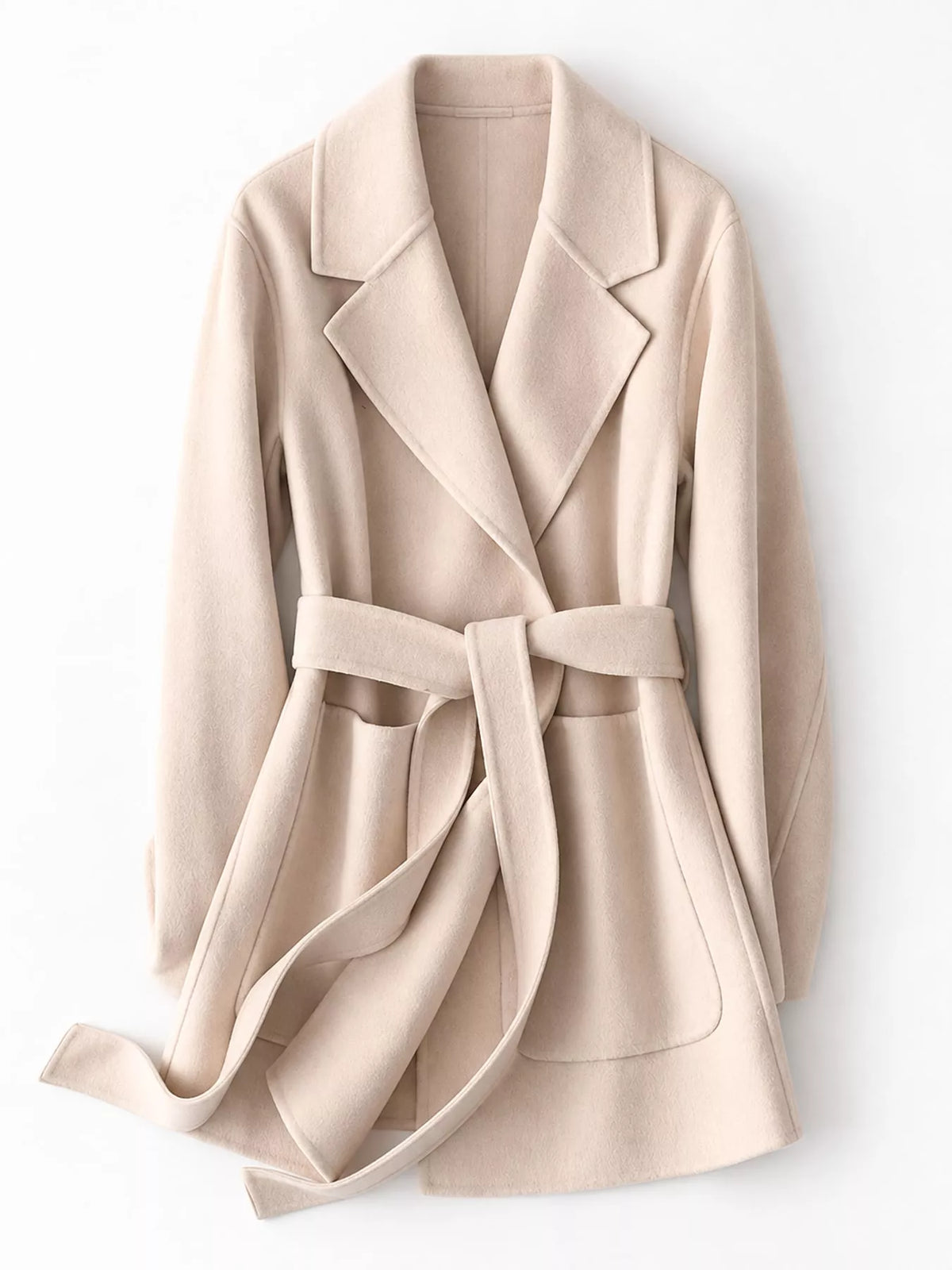 Cream belted double-sided wool coat