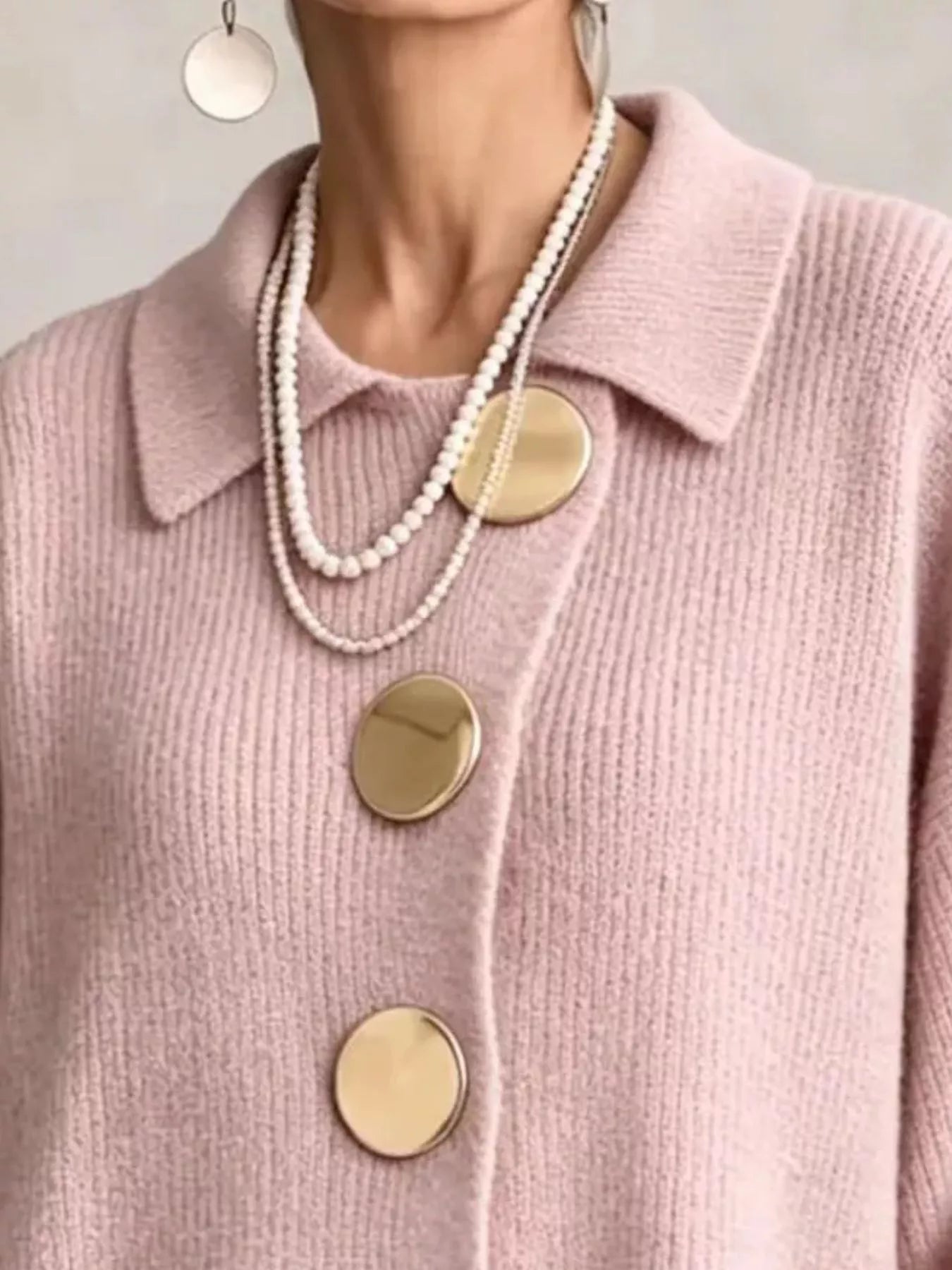 Trendsi Full Size Gold Buttons Lantern Sleeve Cardigan Plus Size -