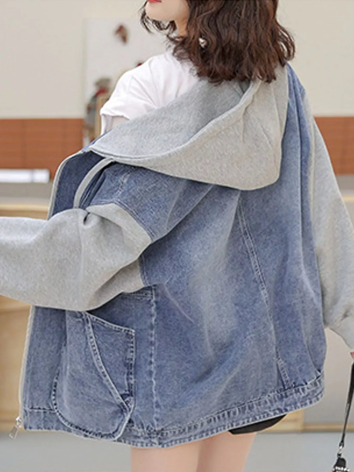 Zip-Up Hooded Denim Jacket — back view