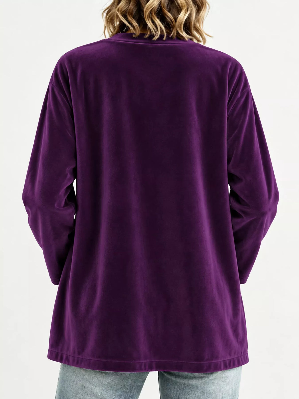 Women's Velvet Open-Front Cardigan in purple — back view