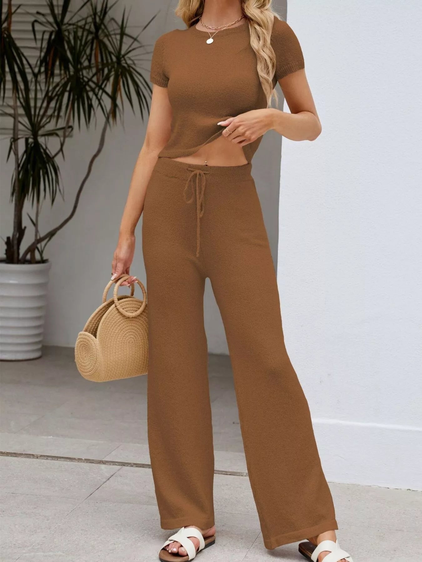 Trendsi Solid Color Knit Short Sleeve Top and Wide Leg Pants Set -