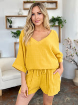 Trendsi Double Take Texture Half Sleeve T-Shirt and Drawstring Shorts Set -