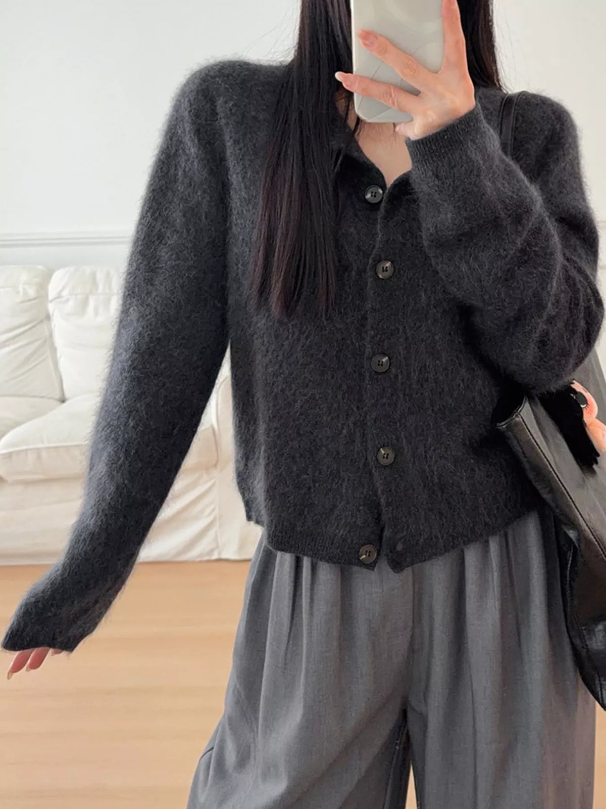 Black fuzzy button up cropped cardigan