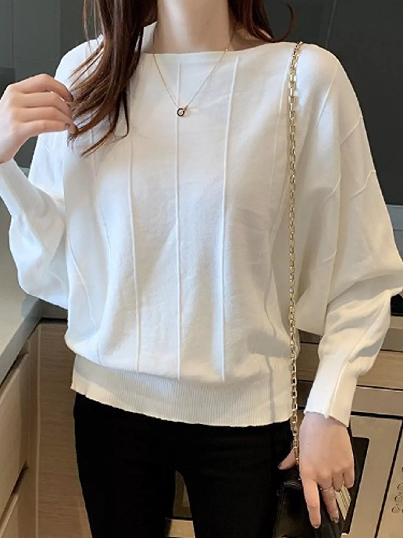 Trendsi Ribbed Hem Batwing Sleeve Knit Top -
