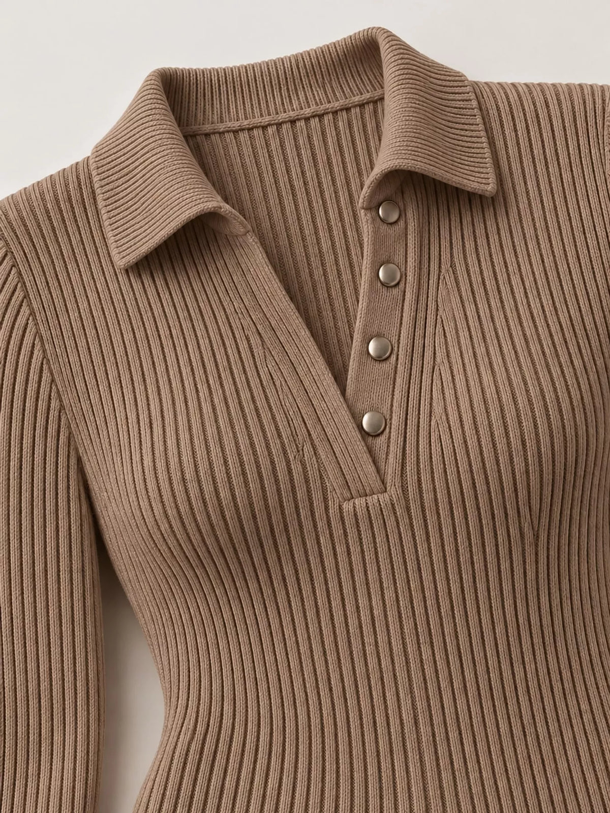 Ribbed Knit Polo Sweater Dress, detail view in taupe