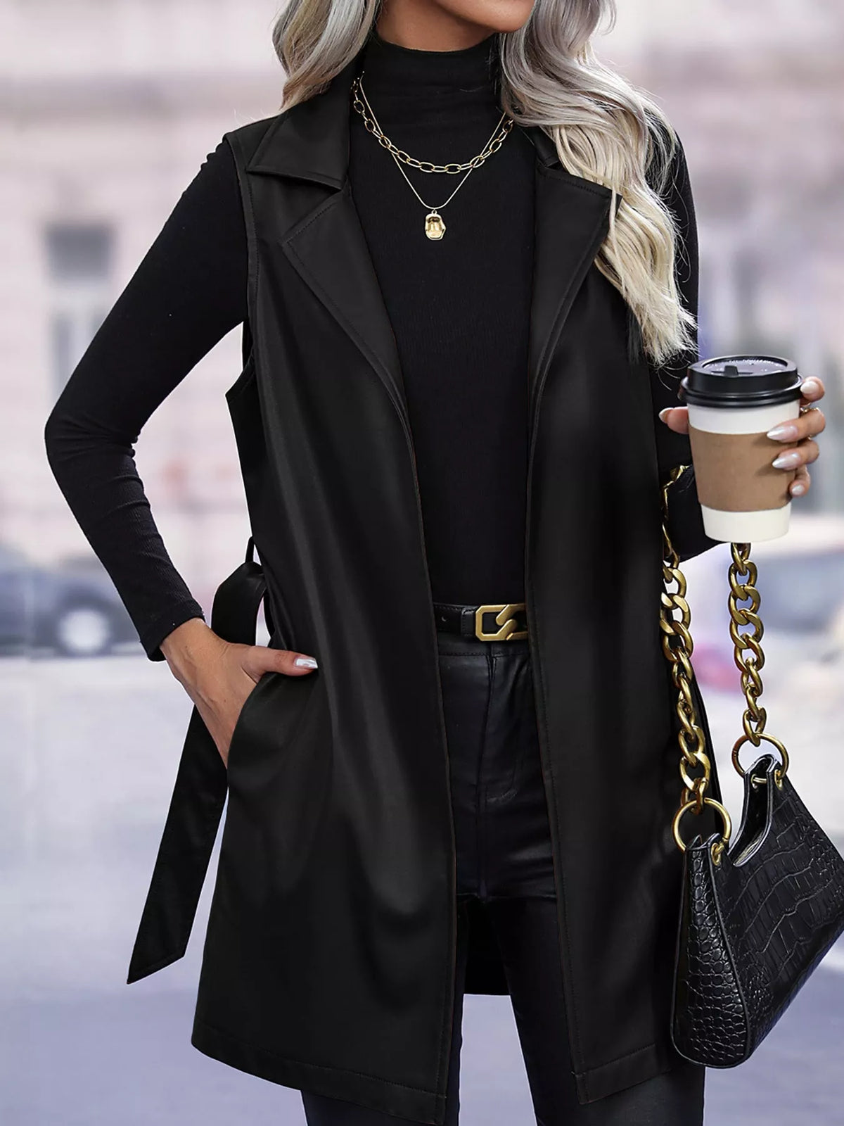 Tie Waist Longline Vest in black, front view