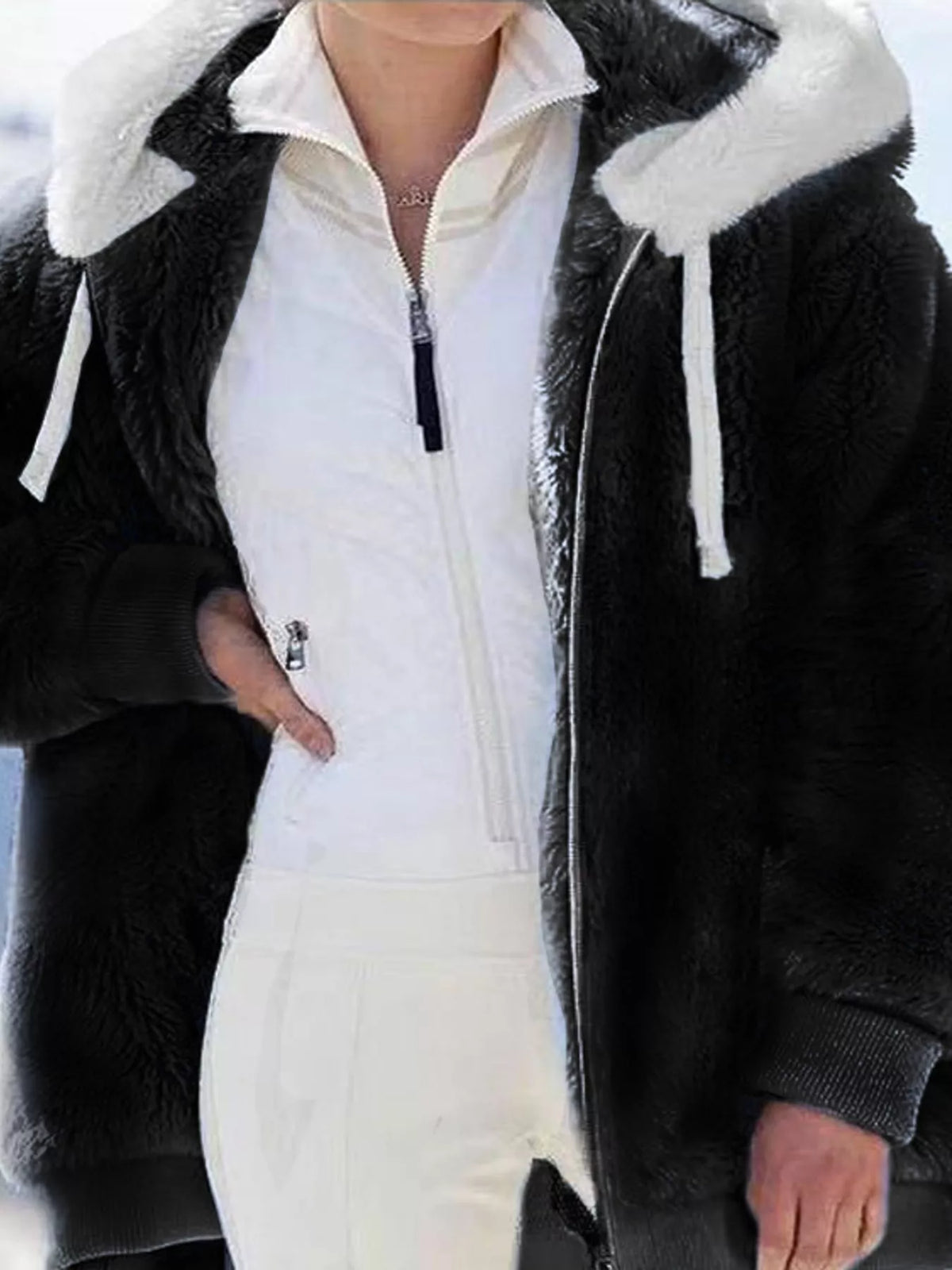 Black with white hood trim faux fur zip up hooded jacket, front view