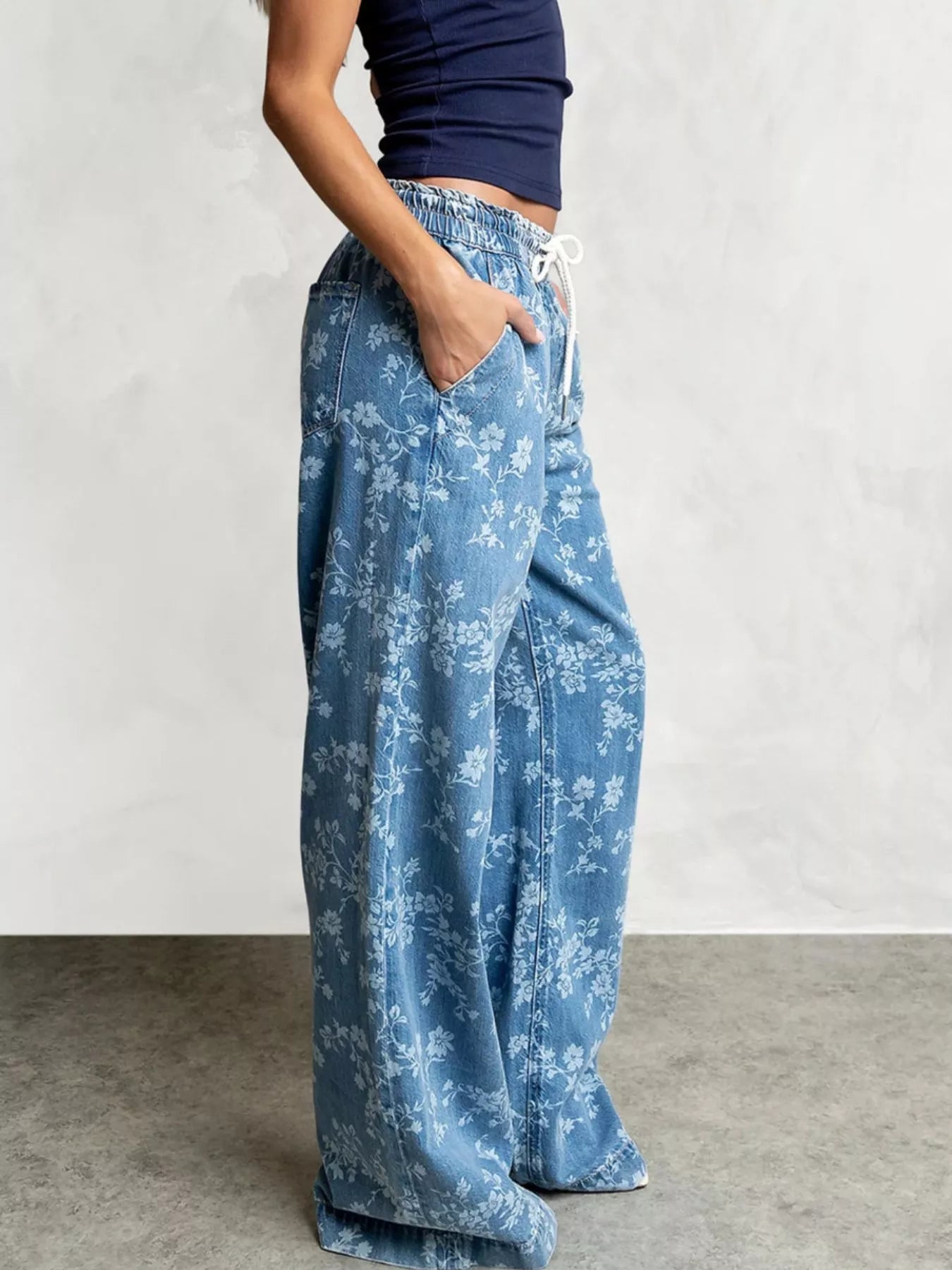 Trendsi Drawstring Floral Wide-Leg Jeans -