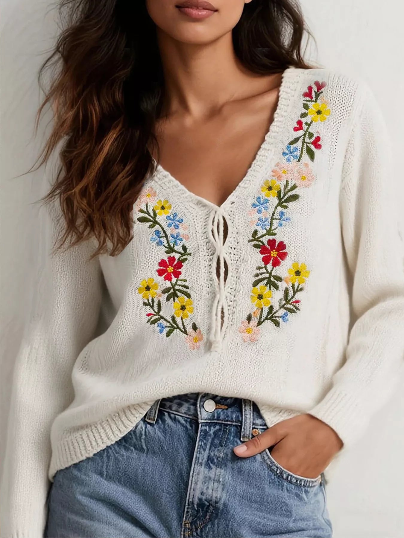 Trendsi Floral Embroidered V-Neck Sweater -