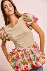 Trendsi BiBi Floral Printed Bubble Sleeves and Hem Peplum Top -