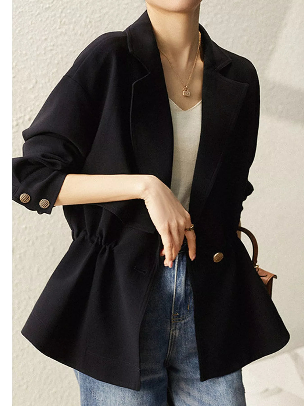 Lapel Collar Button Up Blazer in navy