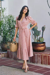 Trendsi SO ME Stripe Textured Short Sleeves Lined Wrap Midi Dres -