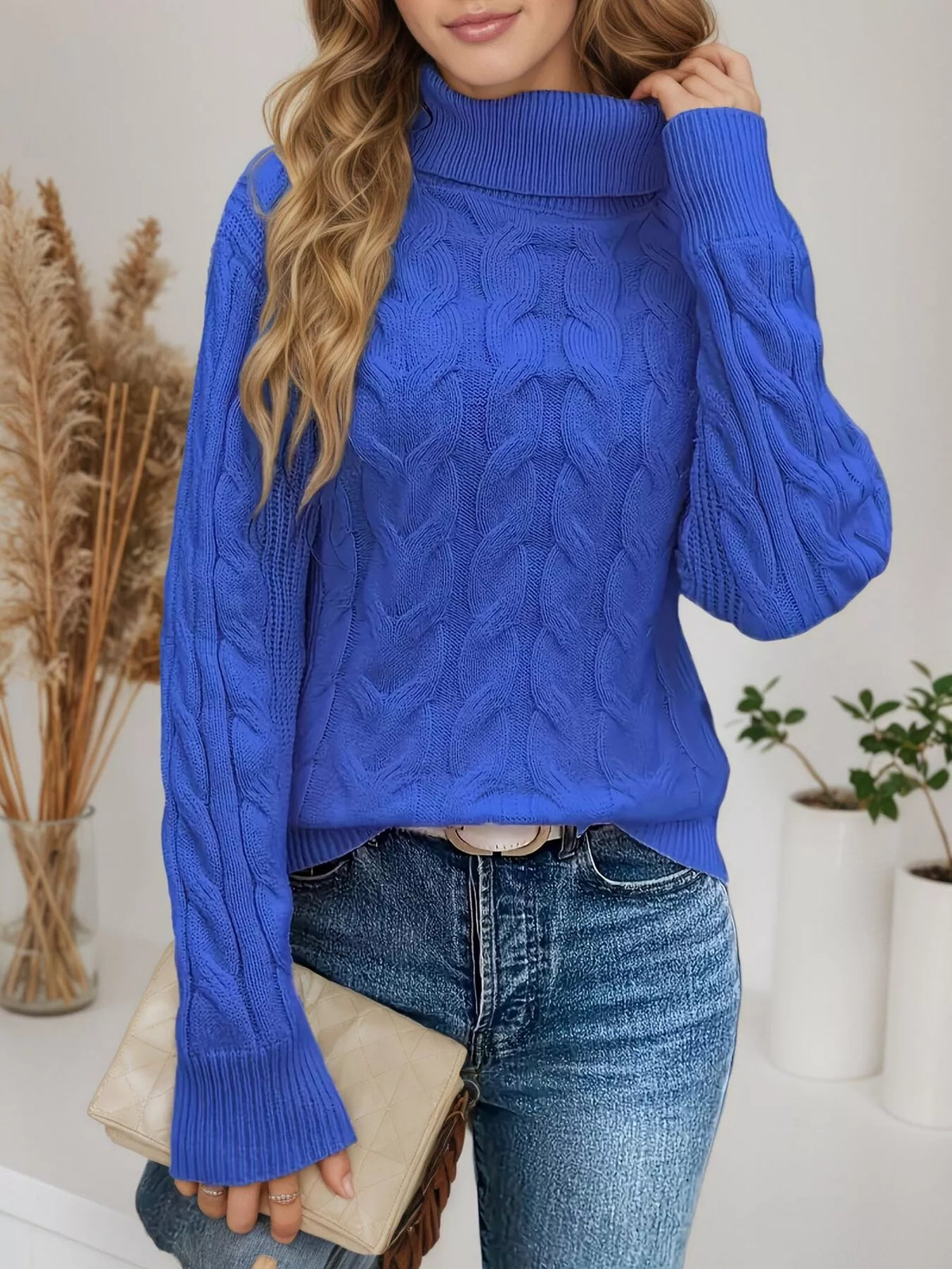 Women's Cable-Knit Turtleneck Sweater in Royal Blue, front view