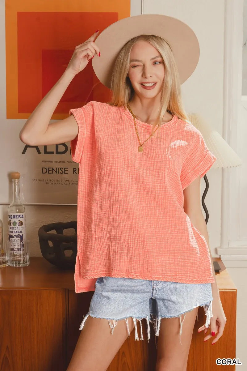 Women’s Coral Pink Woven Double Gauze Top Short Sleeve Acid Washed Cotton