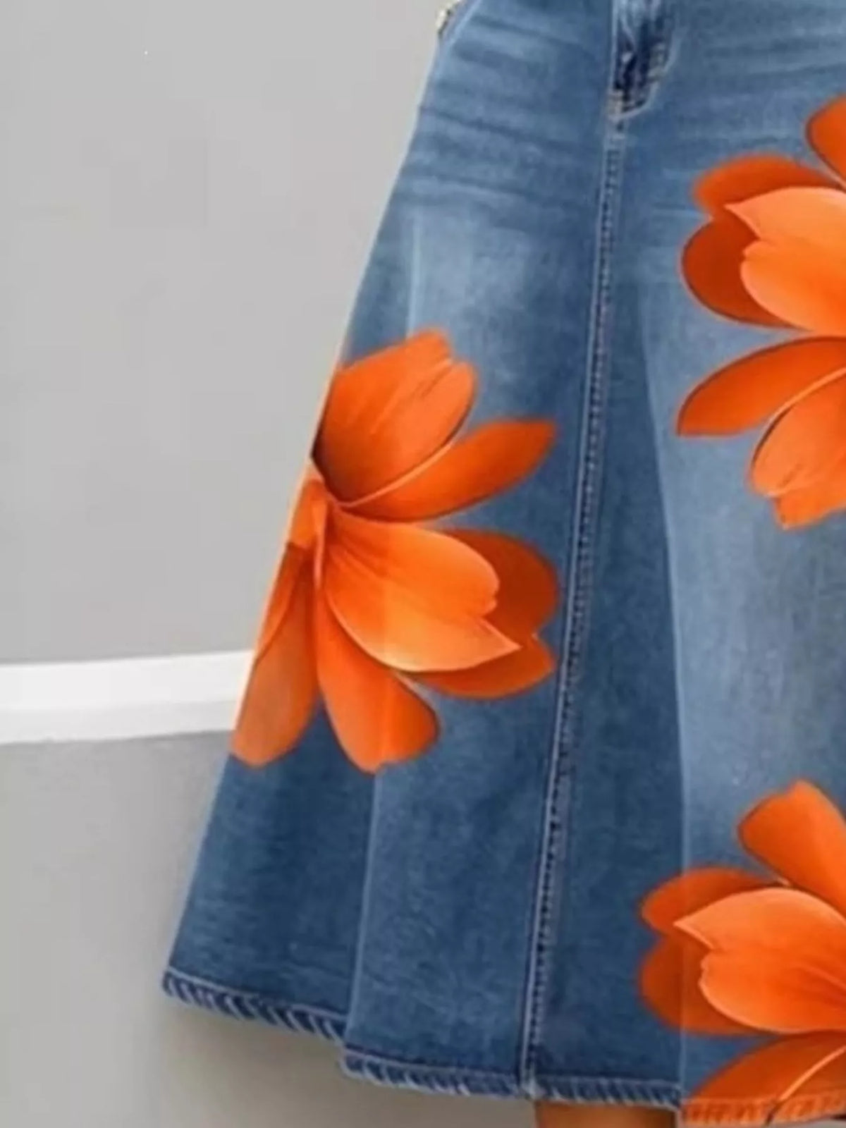 Orange floral floral print a-line midi skirt — design and construction details