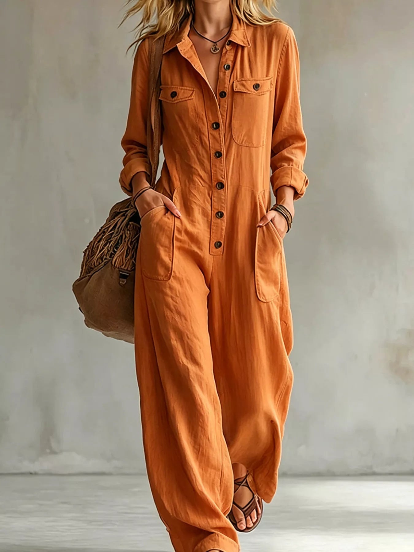 Trendsi Full Size Long Sleeve Button Front Jumpsuit Plus Size -