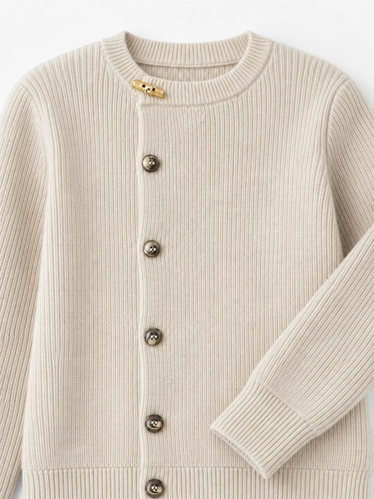 Pearl Barley ribbed knit asymmetrical button cardigan, detail view