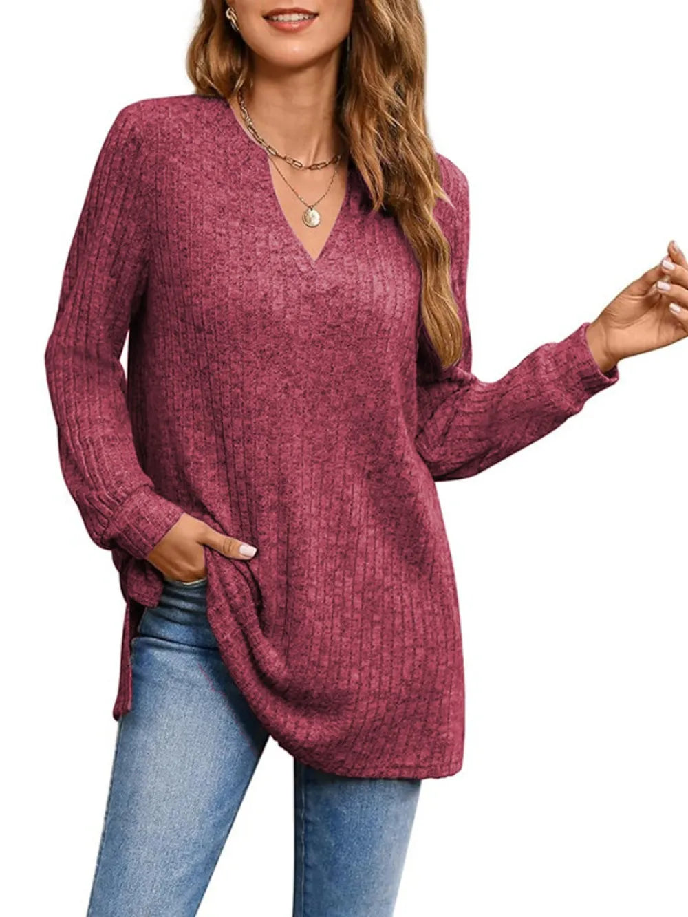 Trendsi Ribbed Notched Long Sleeve T-Shirt -