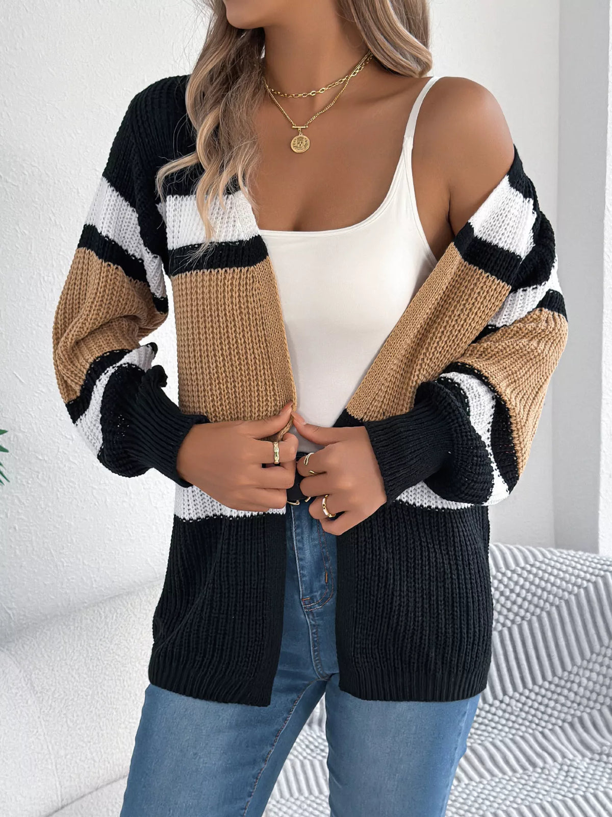 Khaki Color color block open front knit cardigan