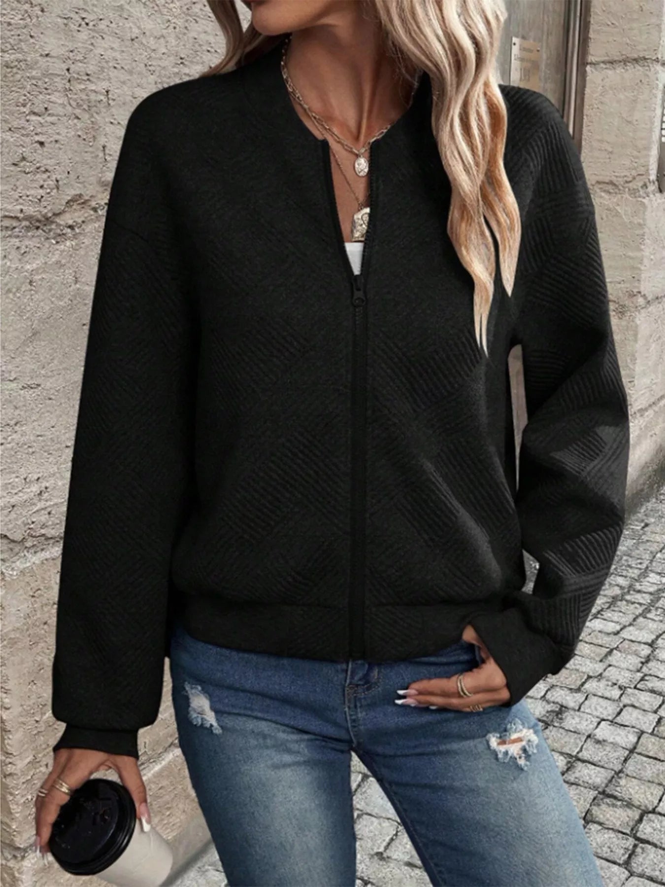 Trendsi Textured Knit Zip-Up Jacket -