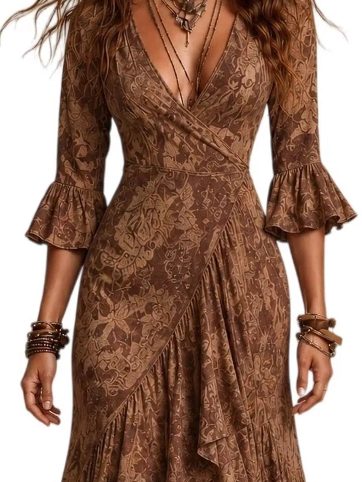 High-low maxi dress, brown bodice detail