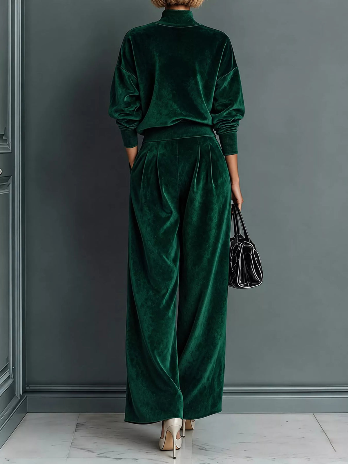 Green velvet mock neck top and wide-leg pants set, back view