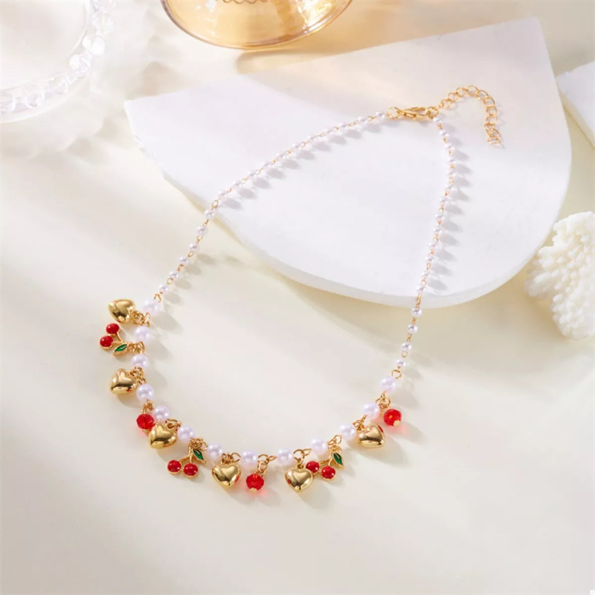 Trendsi 18K Gold-Plated Cherry & Heart Pearl Necklace -