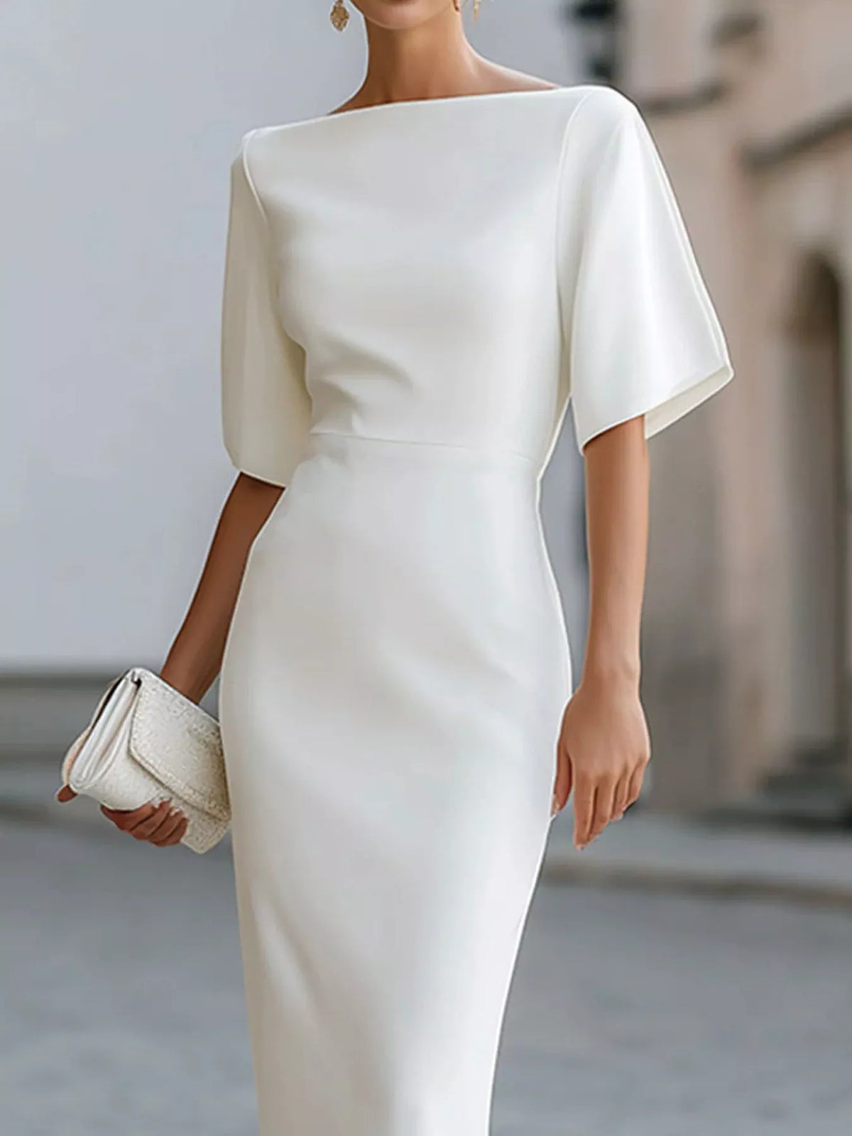 Boat neck short sleeve midi dress, construction and design details