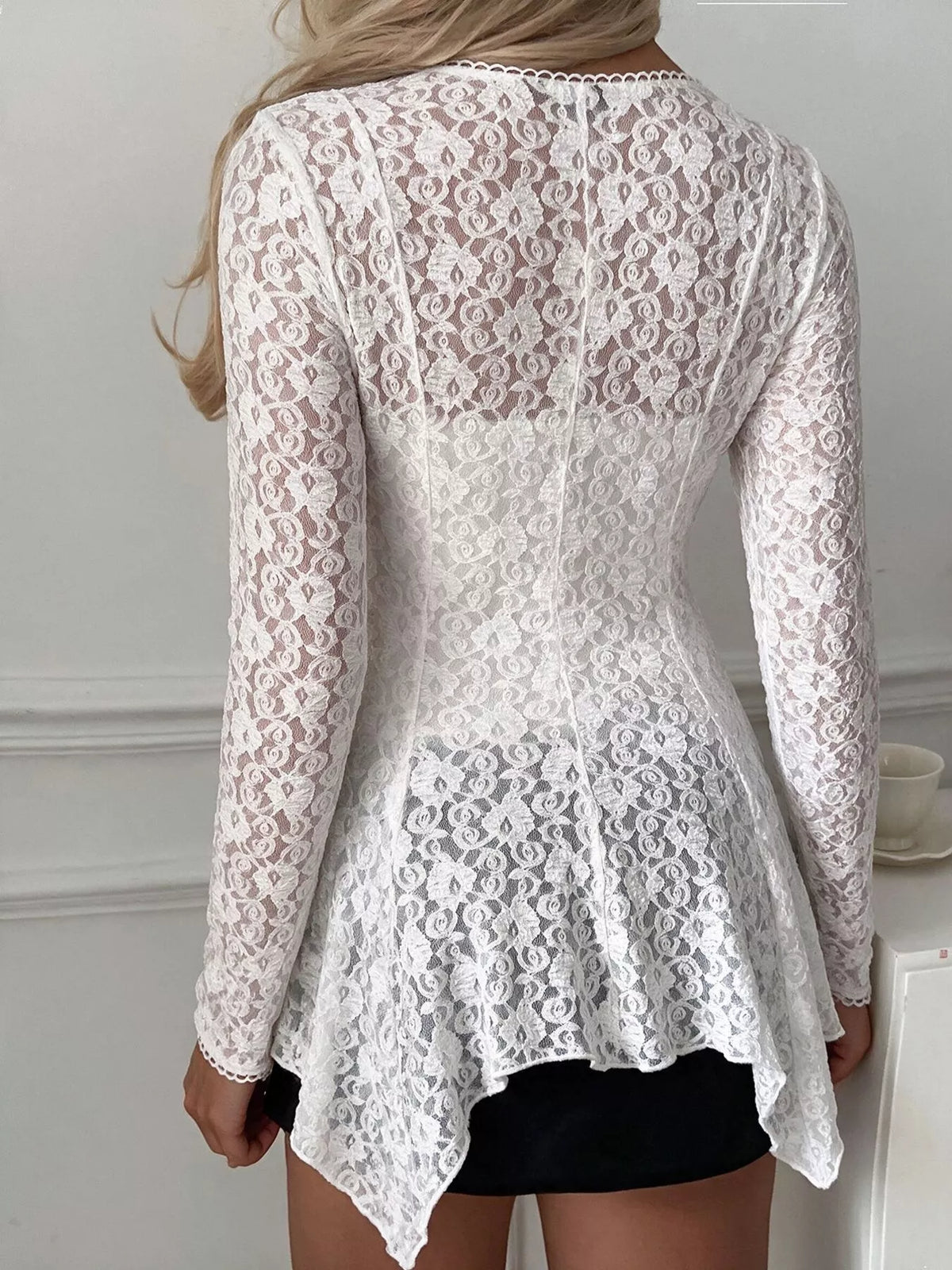 Floral Lace V-Neck Button-Down Peplum Blouse, back view